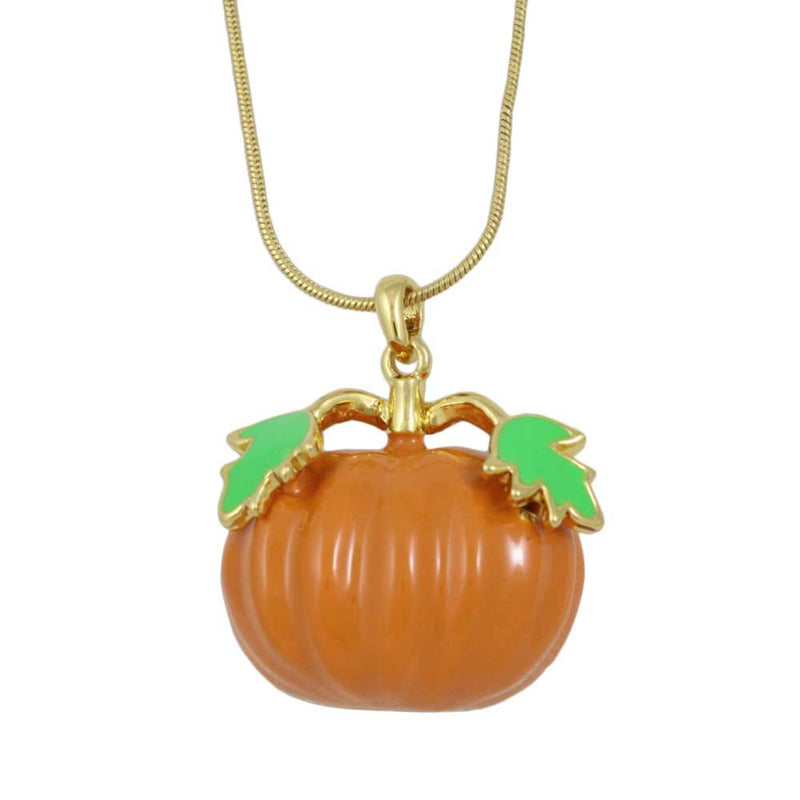 Orange Enamel Pumpkin with Green Leaves Pendant Necklace - Lilylin Designs Halloween Necklaces Collection