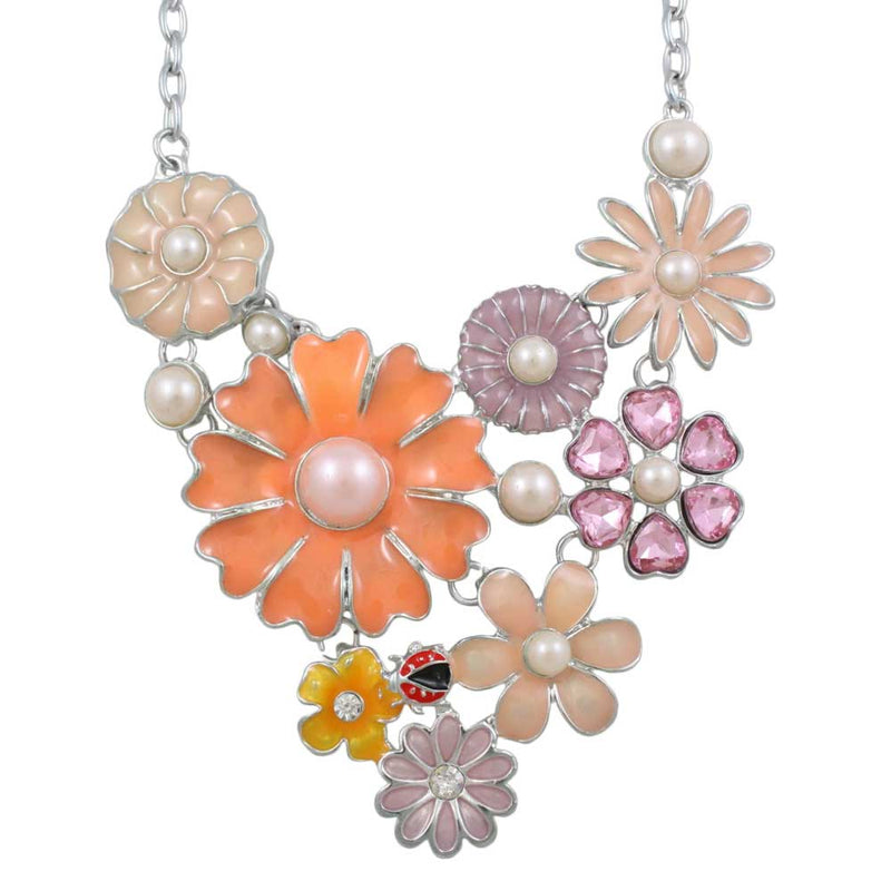 Peach and Orange Enamel Flowers Statement Necklace - Lilylin Designs Clearance Necklaces