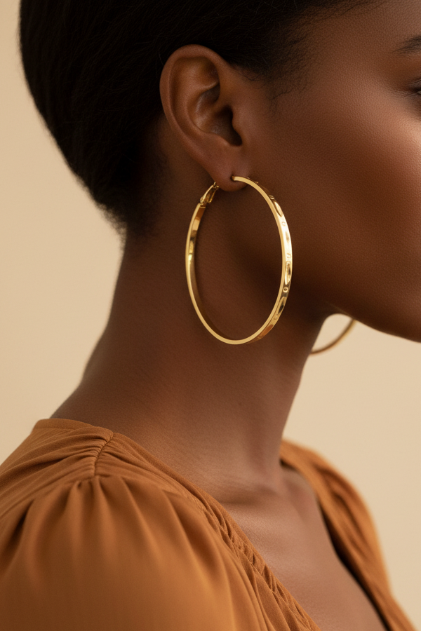 Model wearing 2.5 inch embellished gold hoop earring - Lilylin Designs