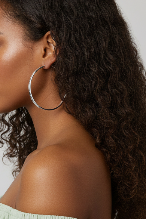 Model wearing 2.5 inch embellished silver hoop - Lilylin Designs