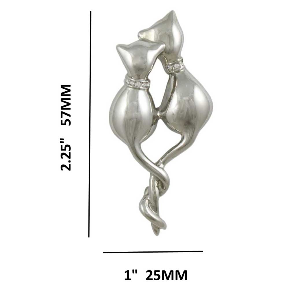 Silver Loving Cats with Entwined Tails Brooch Pin shown with measurements - Lilylin Designs