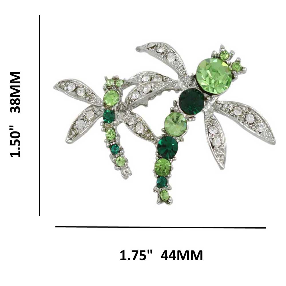 Dark and Light Green Crystal Dragonflies Brooch Pin with measurements - Lilylin Designs
