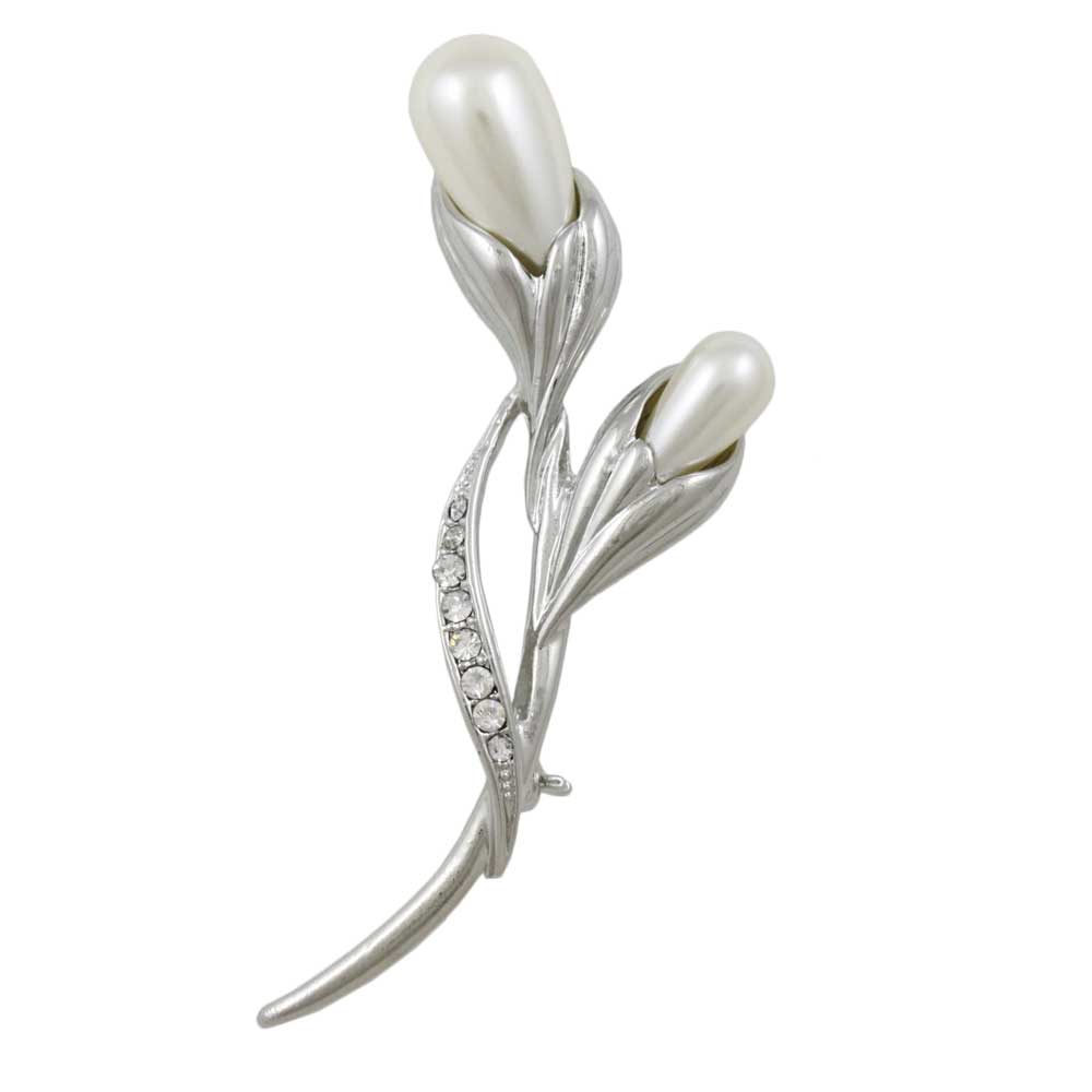 White Pearl Flower Buds with Crystal Leaf Brooch Pin on white background - Lilylin Designs