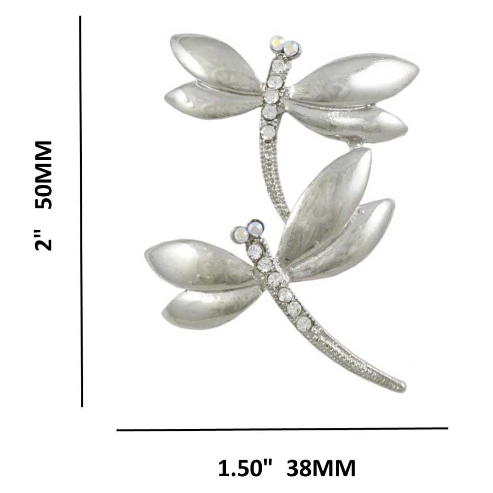Silver Crystal Double Dragonflies Brooch Pin with measuements - Lilylin Designs
