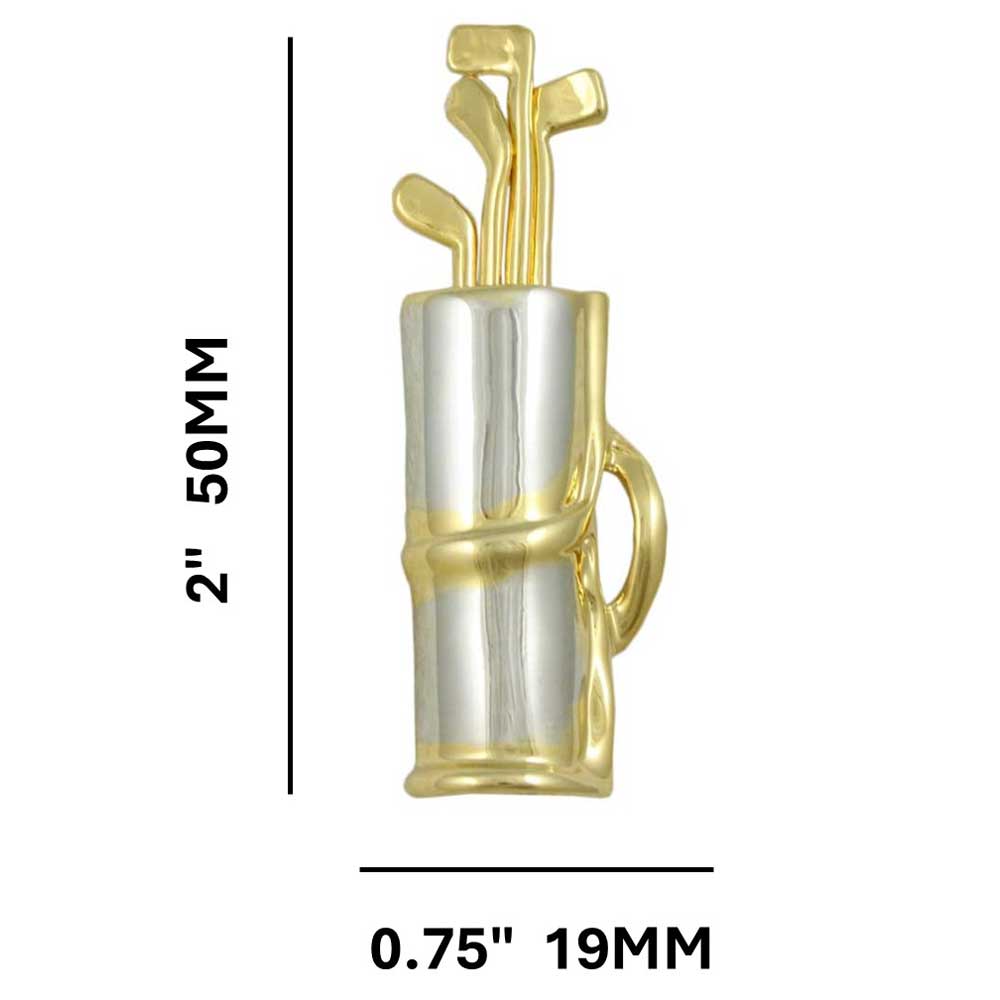 Two Tone Golf Bag with Gold Golf Clubs Brooch Pin with measurements - Lilylin Designs