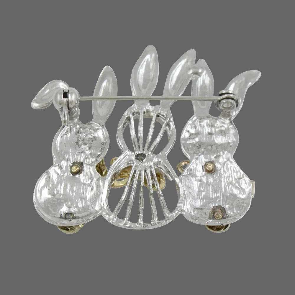 3 Silver Bunnies with Gold Bows Brooch Pin - FAP024 - Lilylin Designs