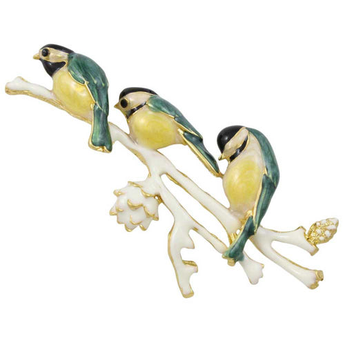 3 enamel chickadees birds on a branch brooch pin - Lilylin Designs