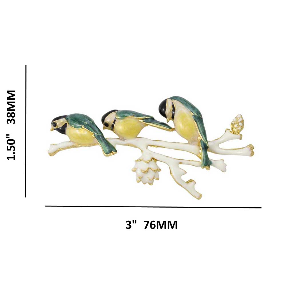 3 enamel chickadee birds on a branch brooch pin shown with measurements - Lilylin Designs