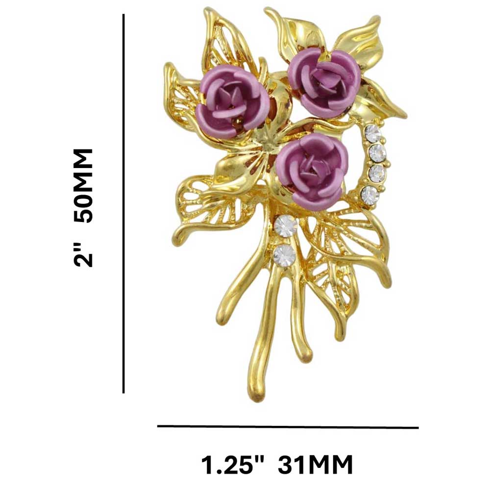 Gold Leaves with 3 Pink Roses Flower Brooch Pin with measurements - Lilylin Designs