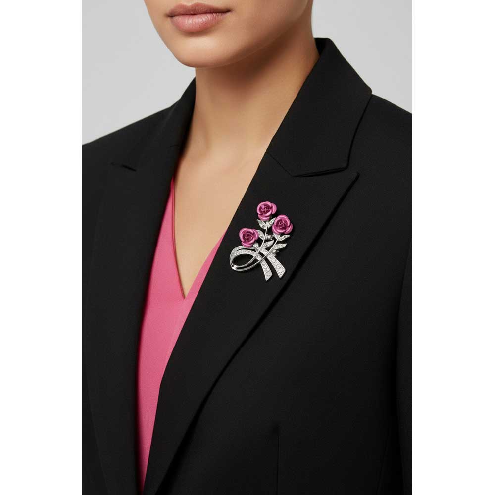 Model wearing 3 pink roses with silver leaves brooch pin on a black jacket with a pink top - Lilylin Designs