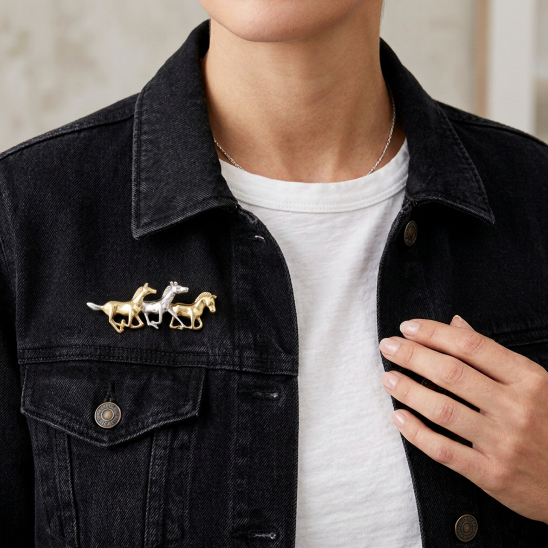 Gold and Silver Running Horses Brooch Pin on model with denim jacket - Lilylin Designs