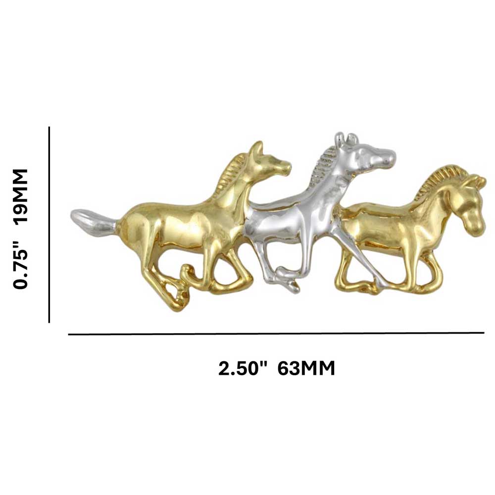 Gold and Silver Running Horses Brooch Pin with measurements - Lilylin Designs