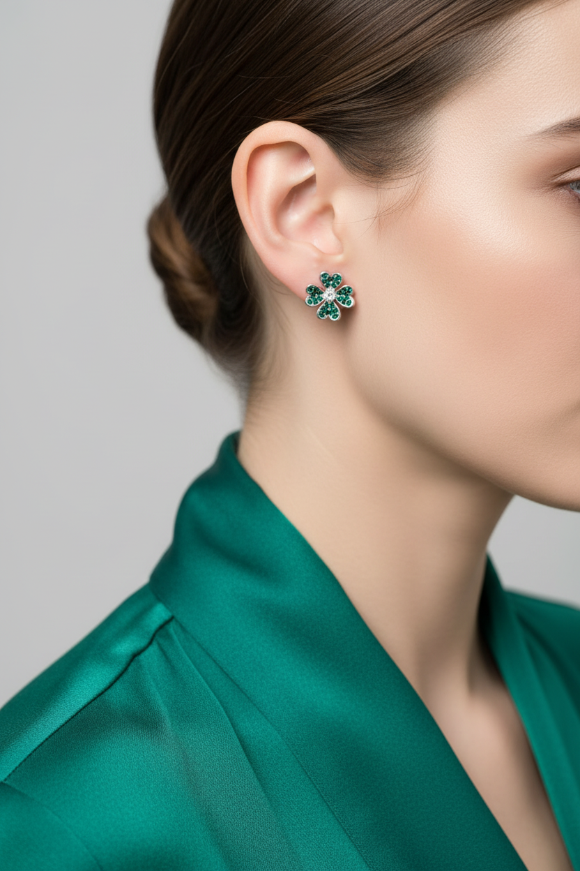 Model wearing four leaf clover with green crystals stud earring - Lilylin Designs