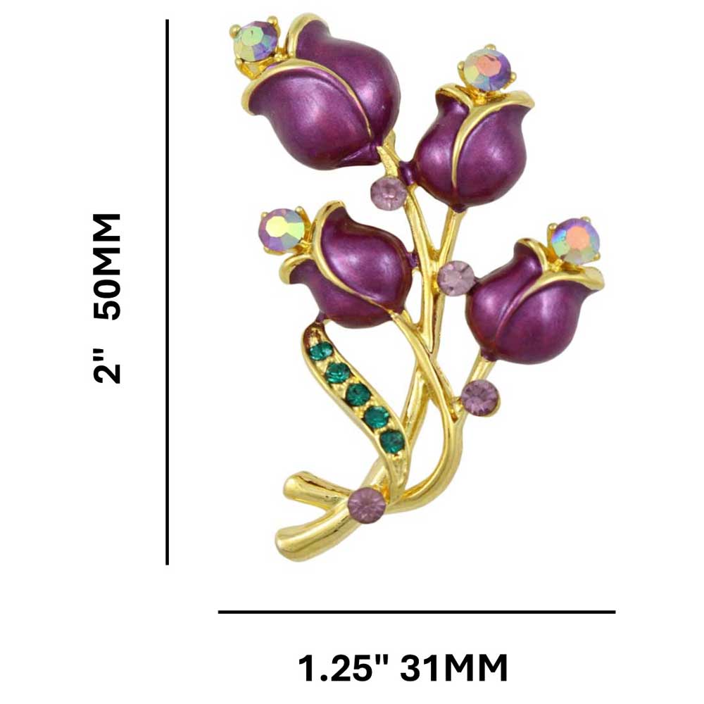 Deep Purple Enamel Roses with Crystals Brooch Pin with measurements - Lilylin Designs