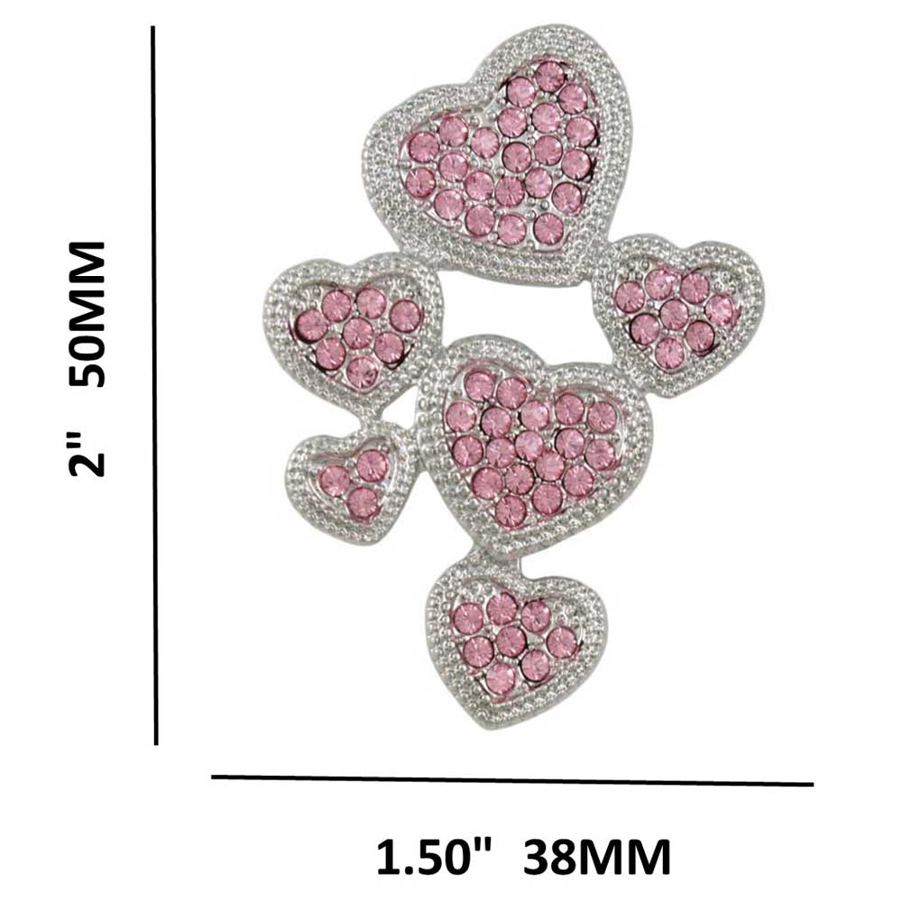 Pink Crystal Small and Medium Hearts Brooch Pin shown with measurements - Lilylin Designs