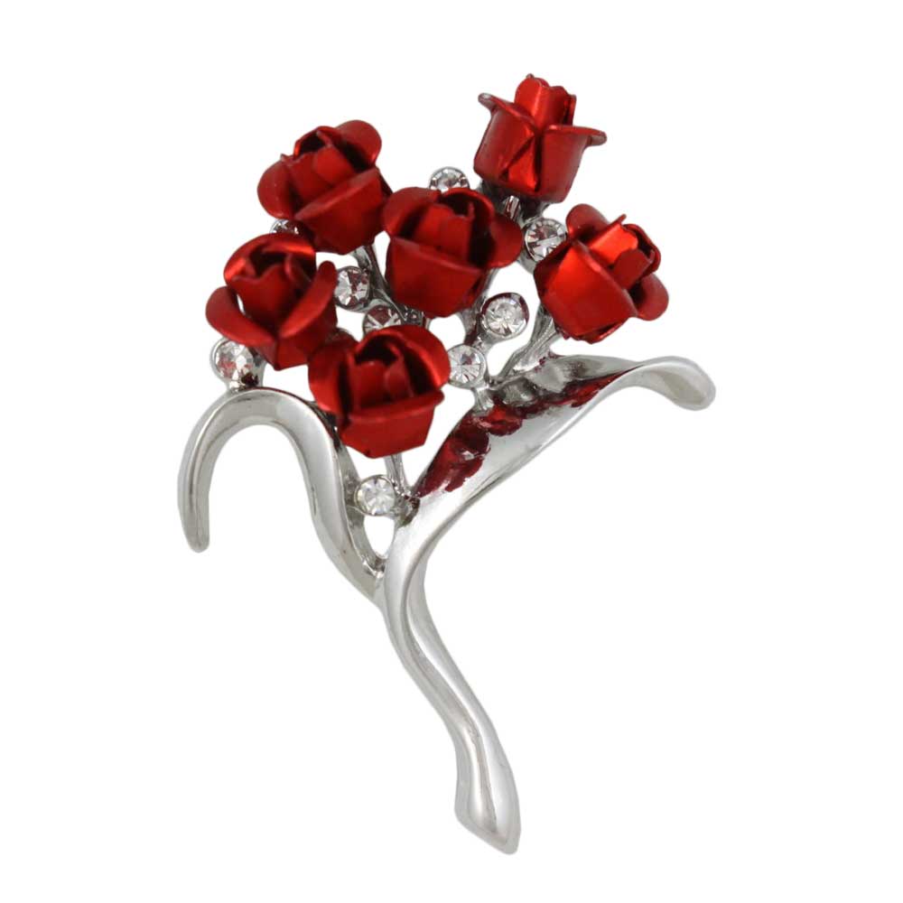 Bouquet of 6 Red Rose Buds with Crystals Flower Pin on white background - Lilylin Designs