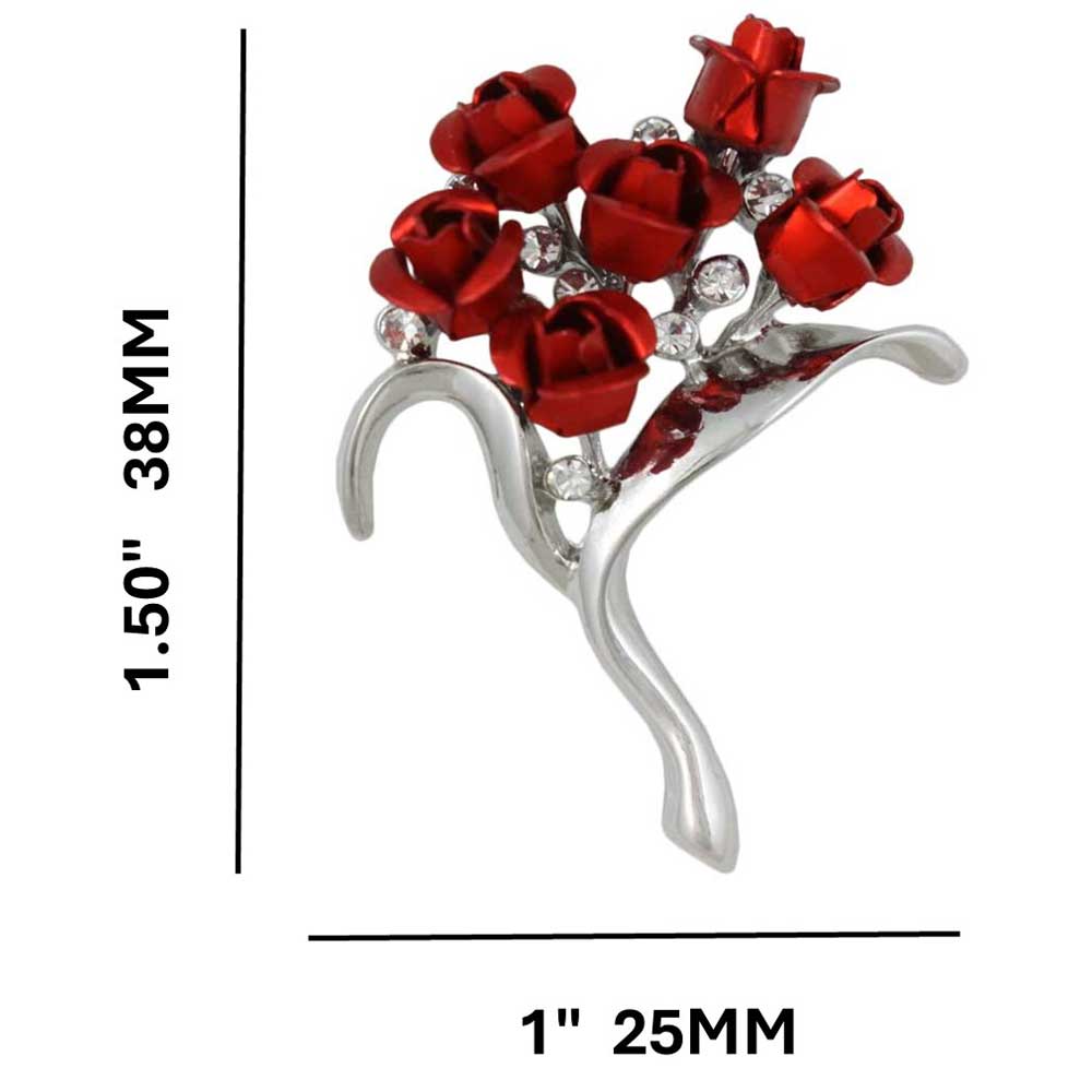 Bouquet of 6 Red Rose Buds with Crystals Flower Pin with measurements - Lilylin Designs