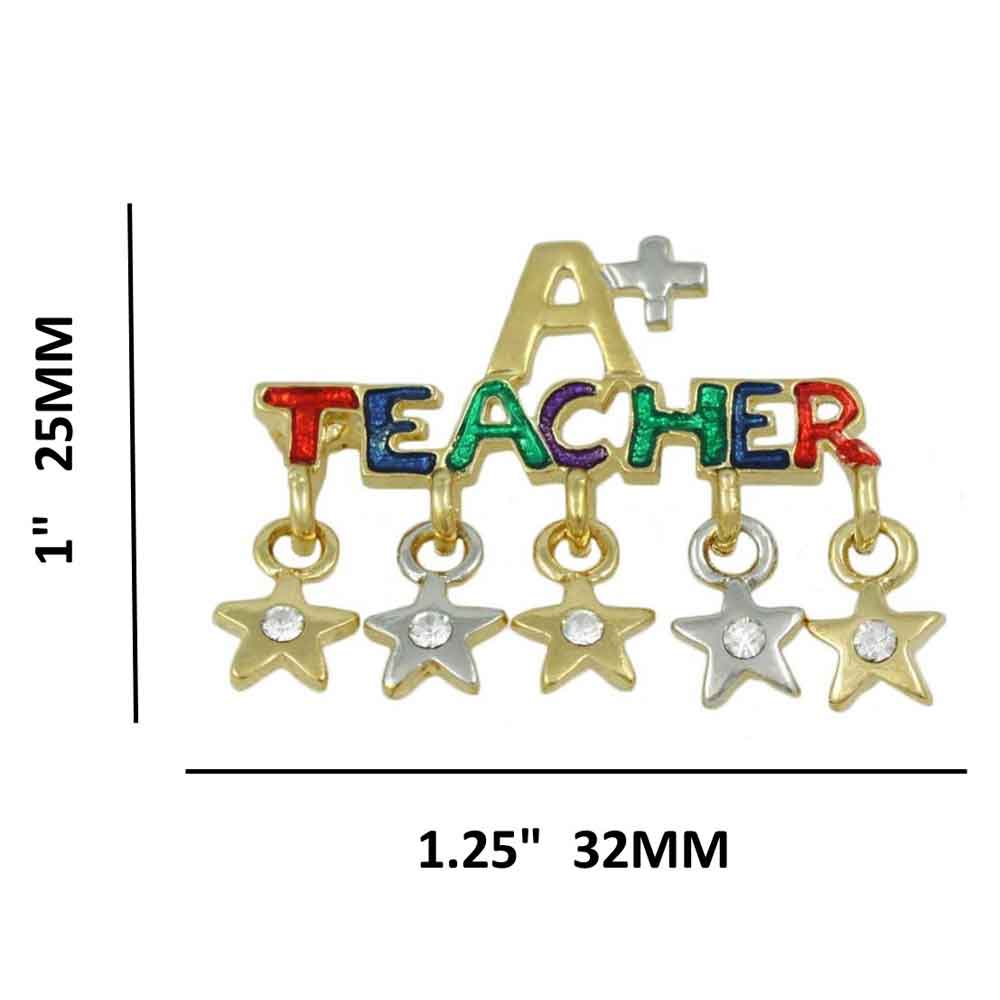A+ Teacher with Dangling Crystal Star Charms Brooch Pin with measurements - Lilylin Designs