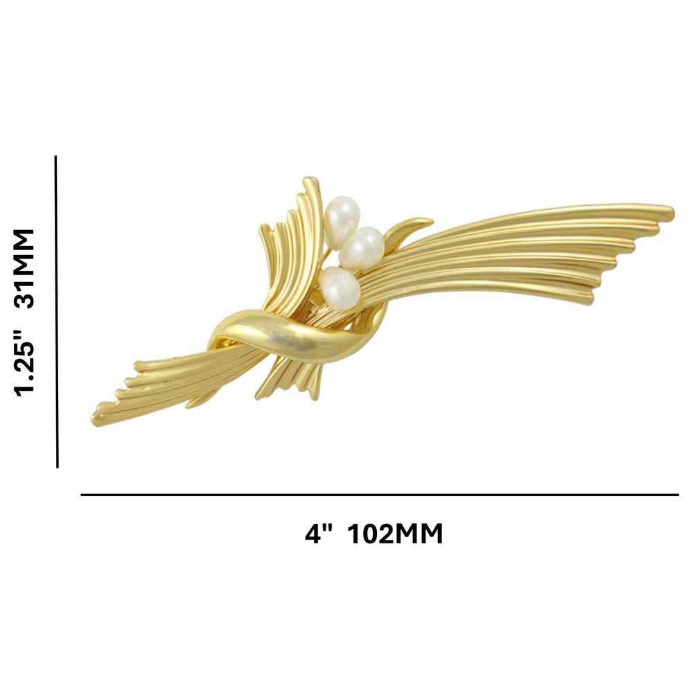 Gold Accordion Pleats with 3 White Pearls Brooch Pin with measurements - Lilylin Designs