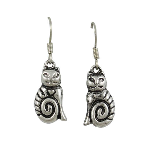 Antique Silver - tone Cat Dangling Pierced Earring - MEC140 - Lilylin Designs