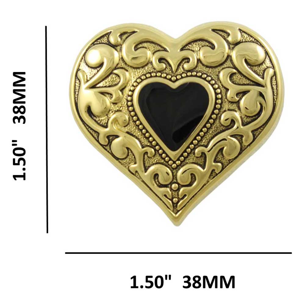 Antique Gold Heart with Black Enamel Inner Heart Brooch Pin with measurements - Lilylin Designs