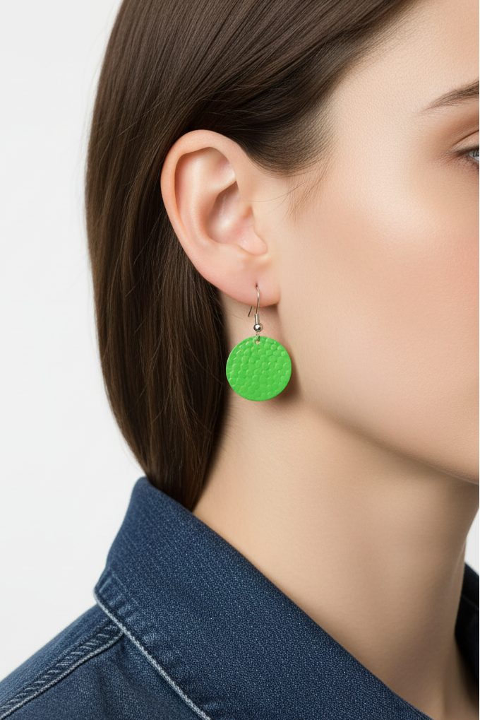 Model wearing apple green disc earring - Lilylin Designs