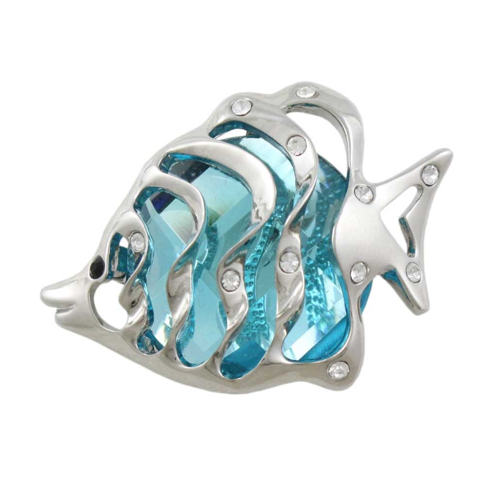 Large Aqua Stone and Crystals Angelfish Brooch Pin - Lilylin Designs