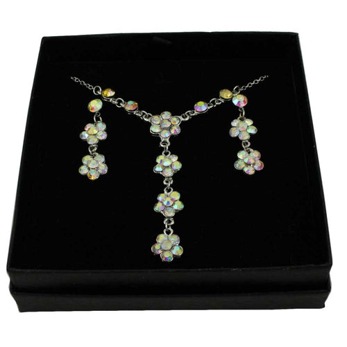Aurora Borealis Crystal Daisies Y Necklace and Earring Boxed Gift Set in a black box | Lilylin Designs