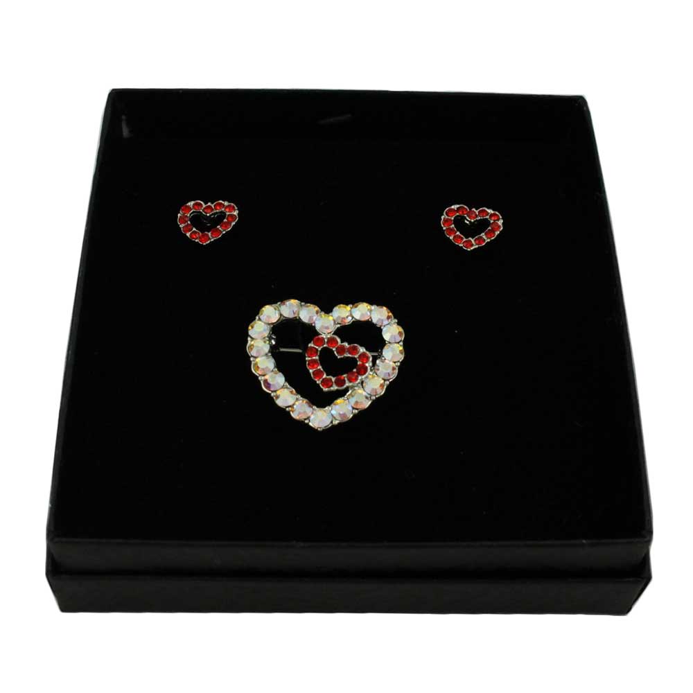 Crystal AB Heart Brooch Pin with Red Heart Stud Earring Set - PRH833PE - Lilylin Designs