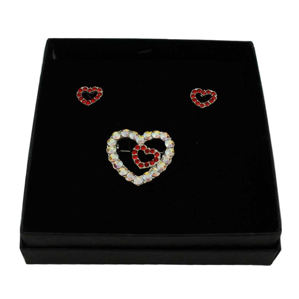 Lilylin Designs Crystal AB Heart Brooch Pin with Red Heart Stud Earring Set