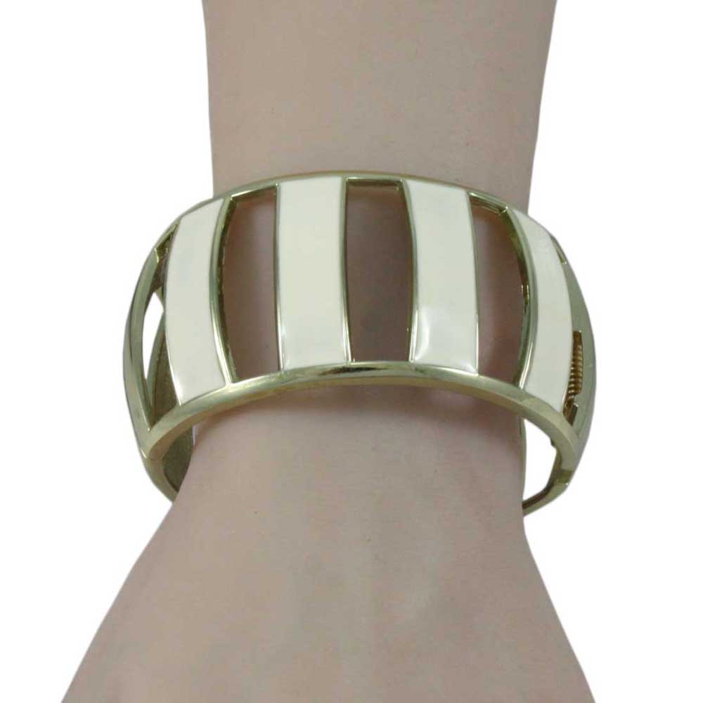 Cream Enamel Trimmed with Gold Caged Hinged Bangle - BG502 - Lilylin Designs