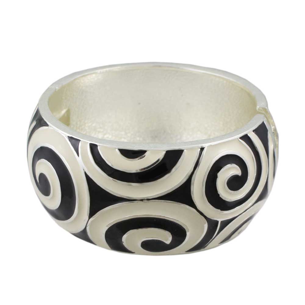 Black Enamel with White Enamel Swirls Hinged Bangle - BG507 - Lilylin Designs