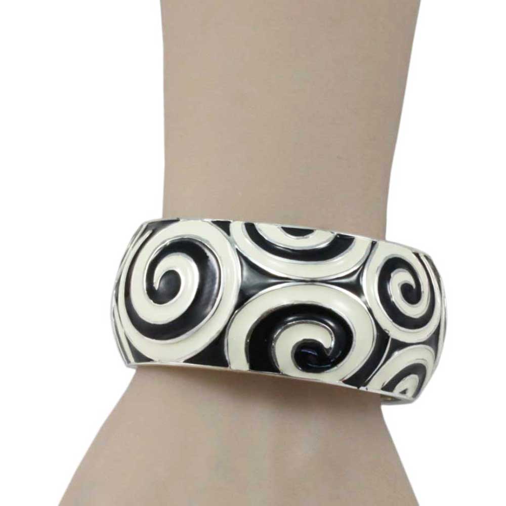 Black Enamel with White Enamel Swirls Hinged Bangle - BG507 - Lilylin Designs