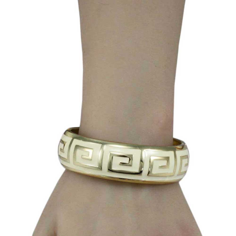 Cream and Gold Greek Key Hinged Bangle - BG526 - Lilylin Designs