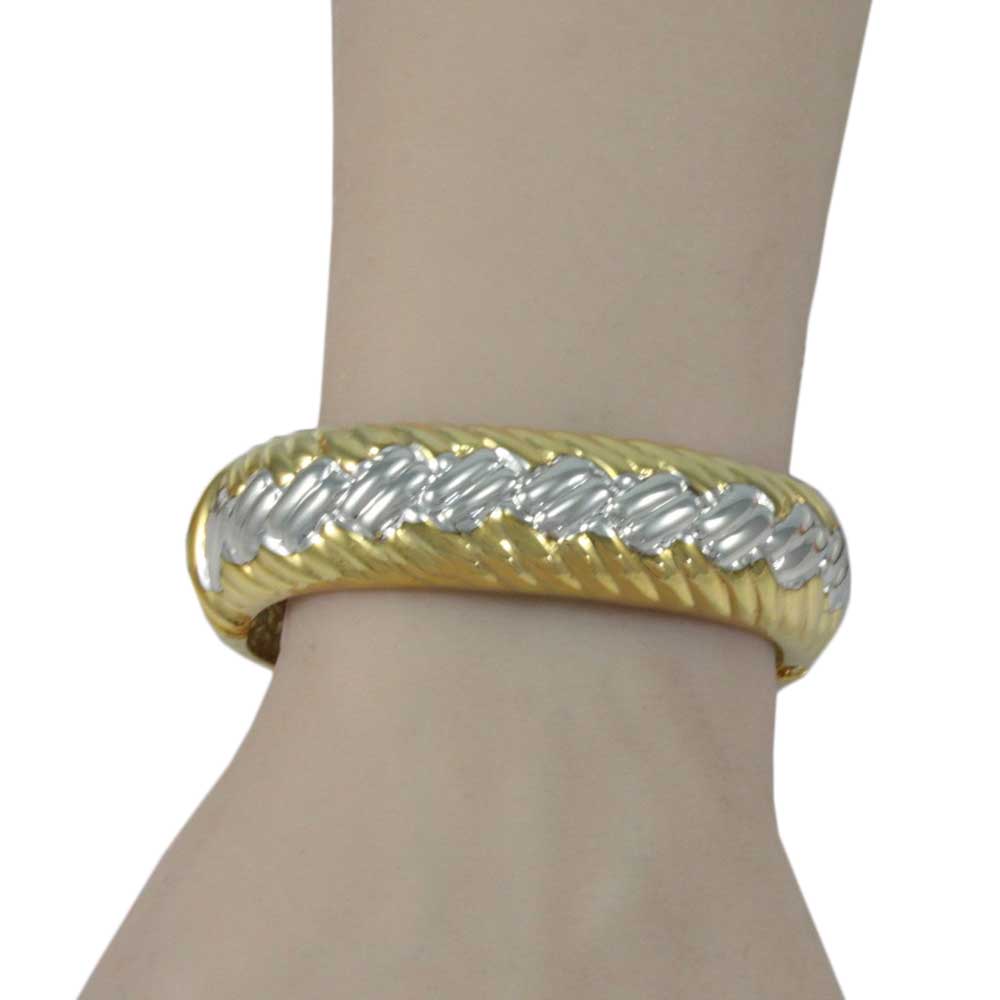 Gold and Silver Wide Braided Hinged Bangle - BG722T - Lilylin Designs
