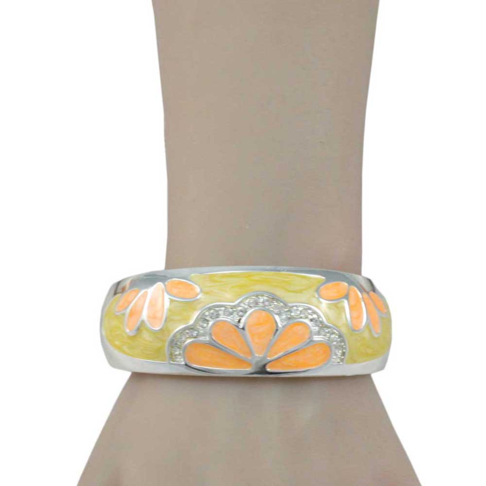 Yellow Enamel with Orange Flowers Hinged Bangle - BGR504 - Lilylin Designs
