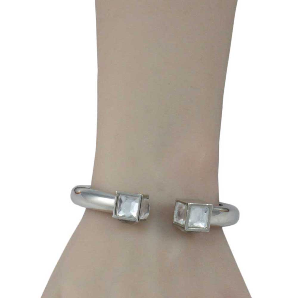 Silver Hinged Bangle with Large Clear Stone Cube - BGR511S - Lilylin Designs