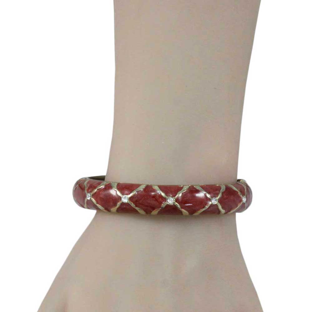 Brown Enamel with Gold X and Crystals Hinged Bangle - BGR512 - Lilylin Designs