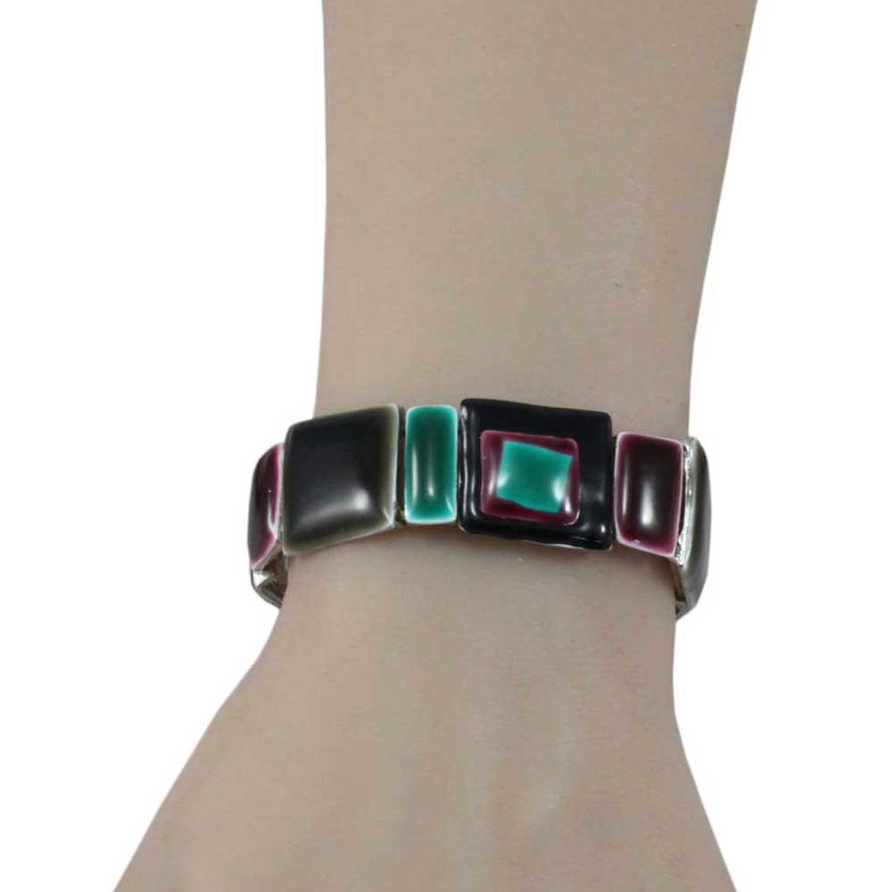 Brown Teal and Mulberry Enamel Squares Stretch Bracelet - BT322 - Lilylin Designs