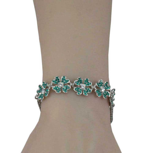 5 Emerald Green Crystals Lucky 4 Leaf Clover Bracelet - BTS603 - Lilylin Designs
