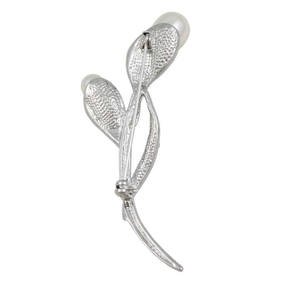 Back view of White Pearl Flower Buds with Crystal Leaf Brooch Pin - Lilylin Designs