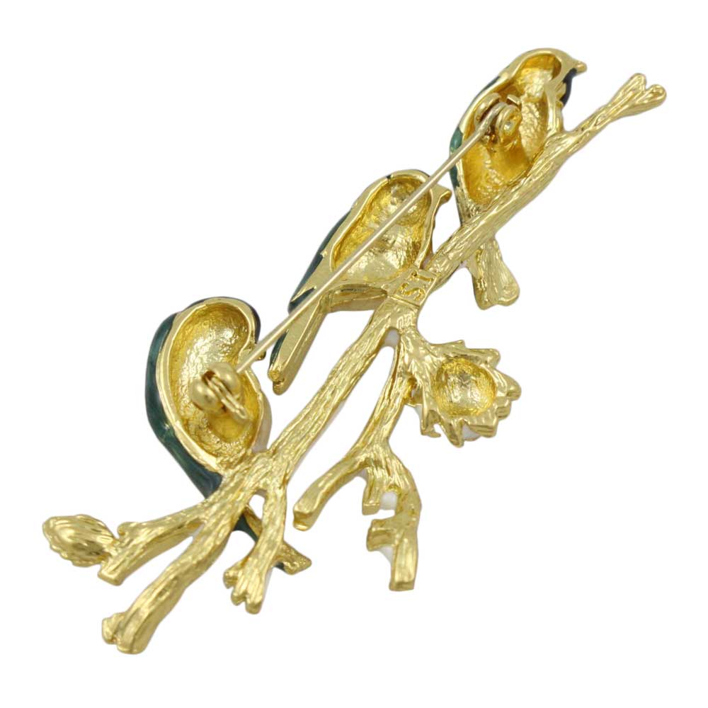 Back view of 3 enamel chickadee birds on a branch brooch pin - Lilylin Designs
