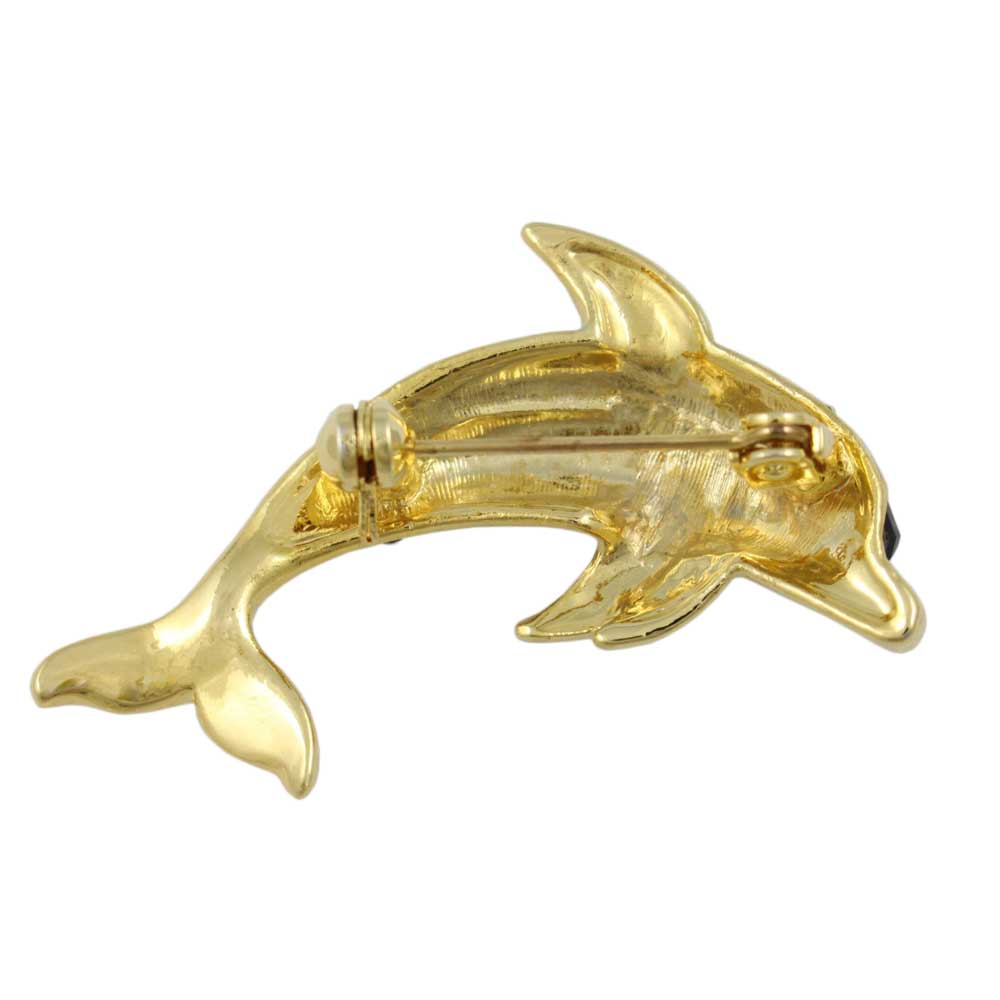 Back view of Black Crystal Dolphin with Green Eye Brooch Pin - Lilylin Designs