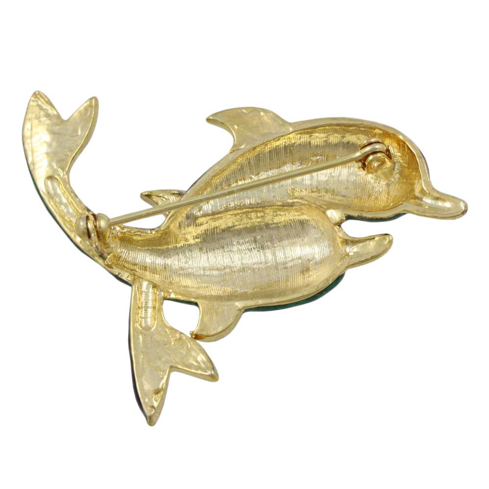 Back view of Blue and Green Crystal Pair of Dolphins Brooch Pin - Lilylin Designs