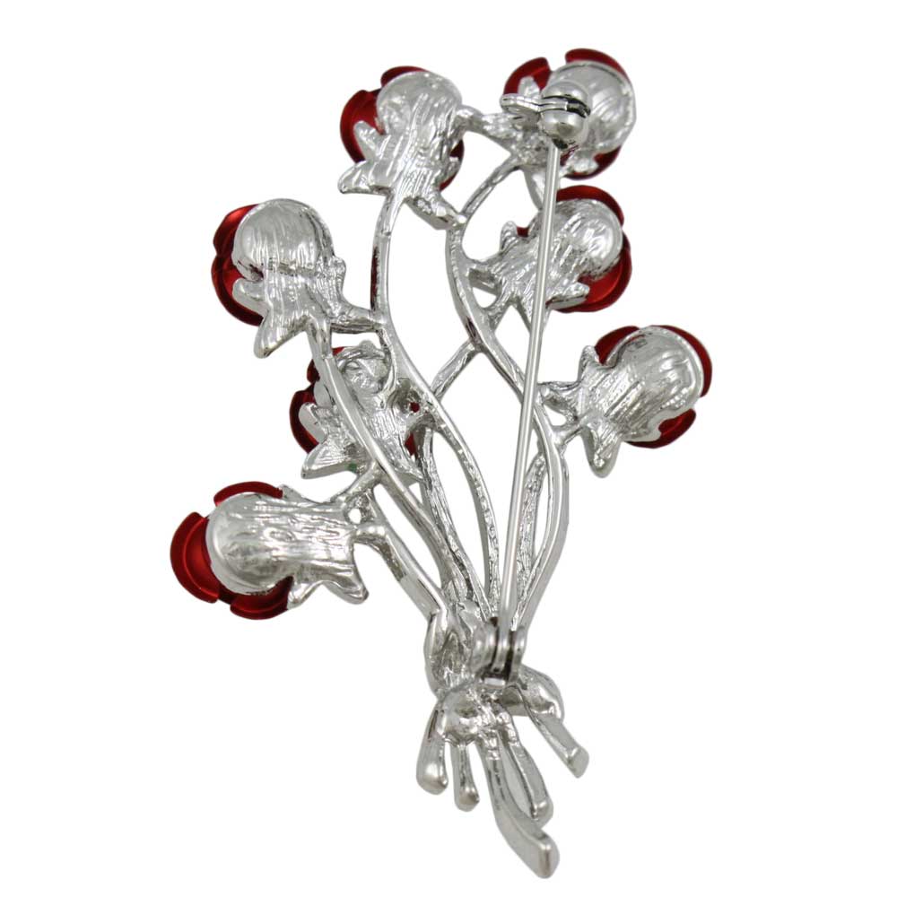 Back view of Bouquet of 7 Red Roses with Green Leaves Brooch Pin - Lilylin Designs