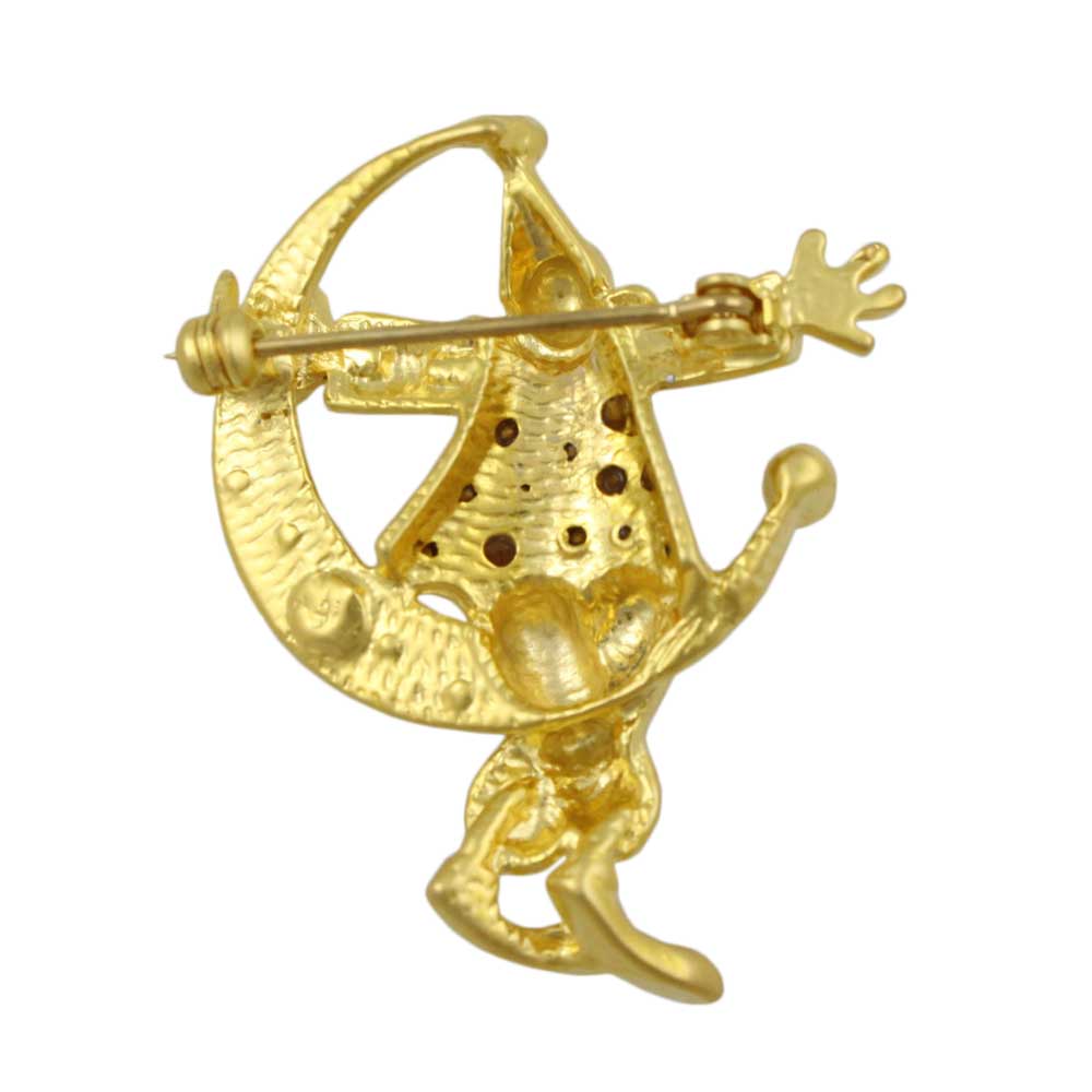 Back view of Gold and Crystal Clown on Crescent Moon Brooch Pin - Lilylin Designs