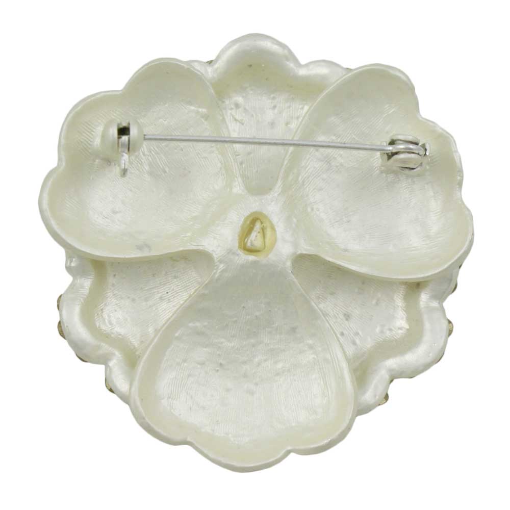 Back view of Off White Enamel and Crystal Flower with Pearl Pin - Lilylin Designs