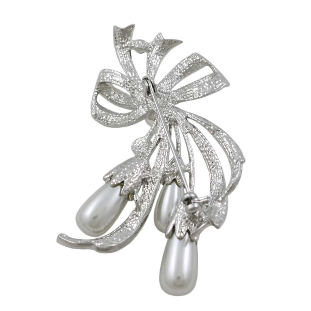 Back view of Crystal Bow with Light Gray Teardrop Pearls Brooch Pin - Lilylin Designs