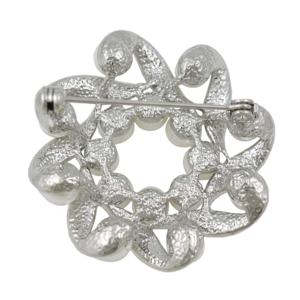 Back view of Silver and Crystal Wreath with White Pearls Brooch Pin - Lilylin Designs