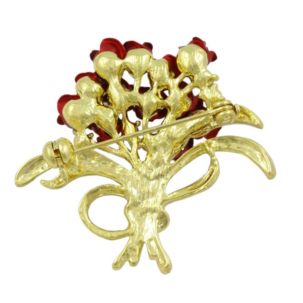 Back view of Dozen Red Roses Bouquet with Crystals Flower Brooch Pin - Lilylin Designs